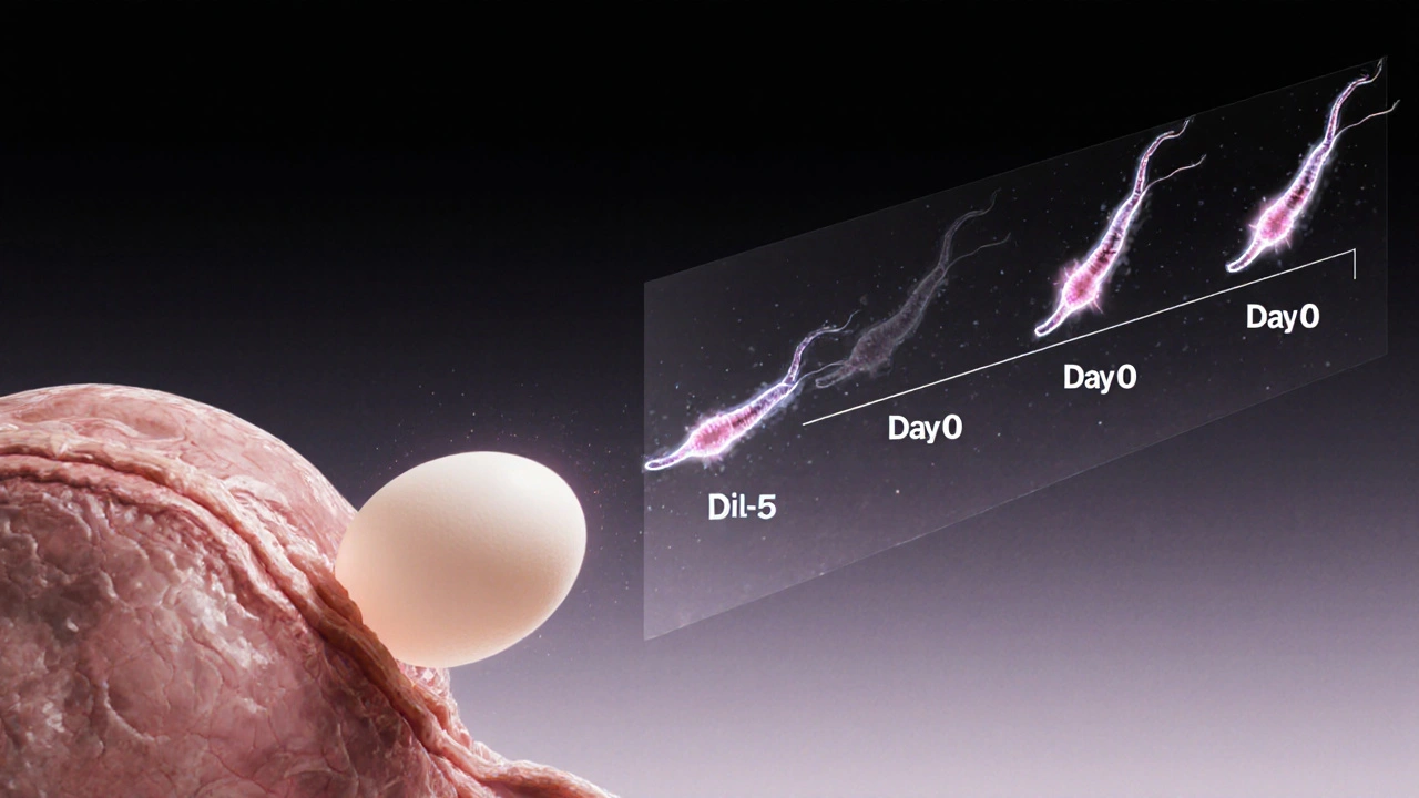 Vajíčko uvolňované z vaječníku, okolo něj plavou spermií v časové škále.