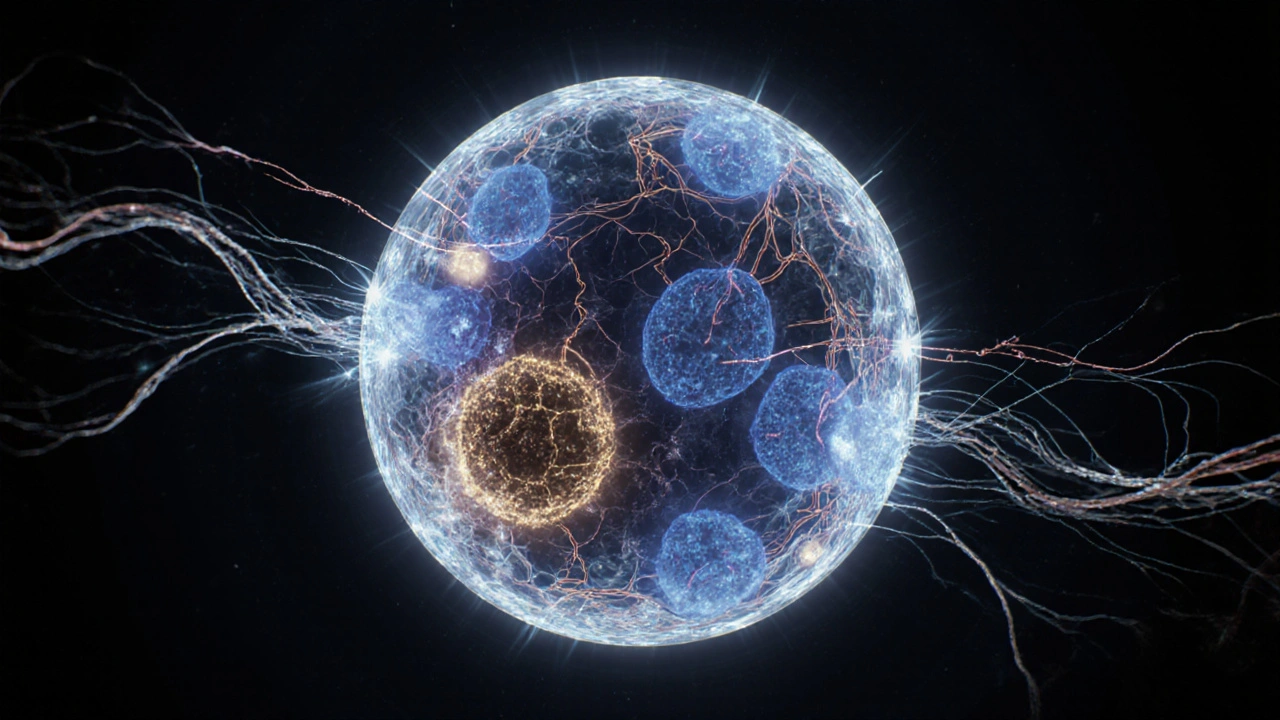 Vědecká ilustrace embrya s hormonem hCG vyzařujícím z placenty.