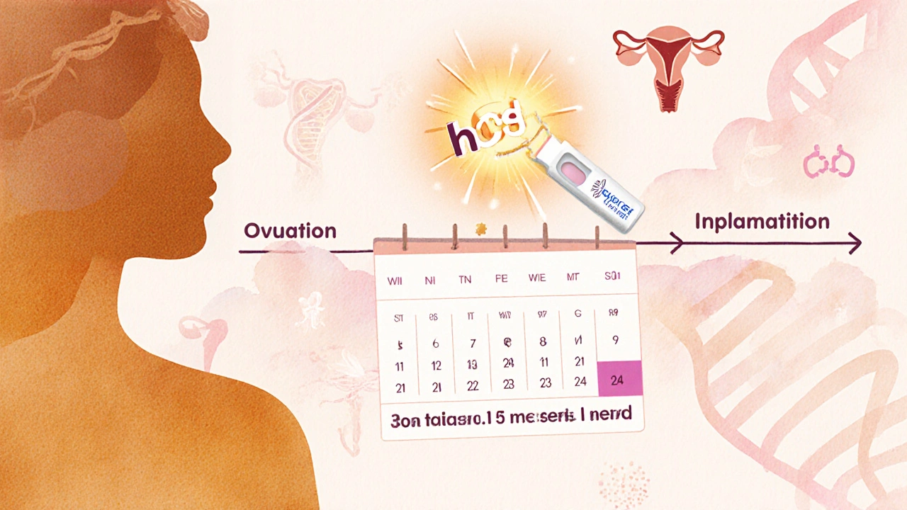 Vodová kresba s časovou osou těhotenství a molekulou hCG nad kalendářem.