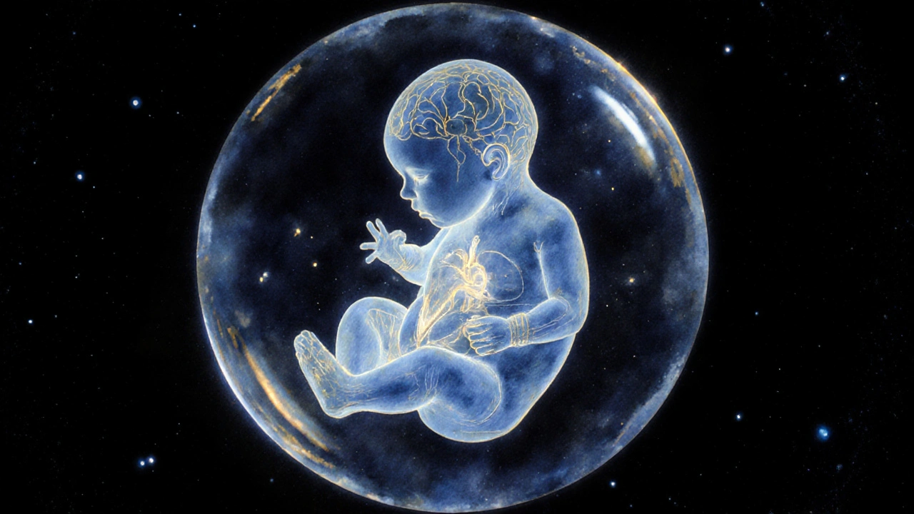 Vývojově zralý plod s viditelnými orgány v průhledné tekutině, osvětlený jemným zářením.