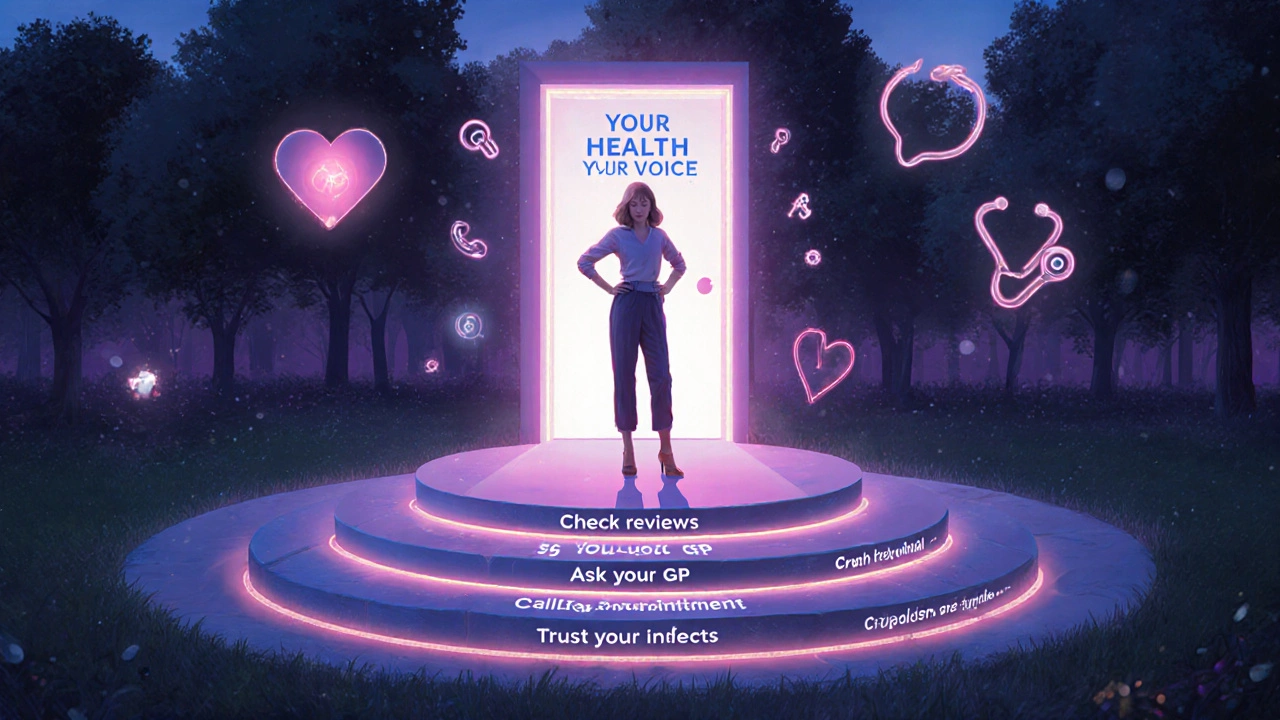Žena na cestě k vlastnímu zdraví, kde každý krok představuje rozhodnutí o výběru lékaře.