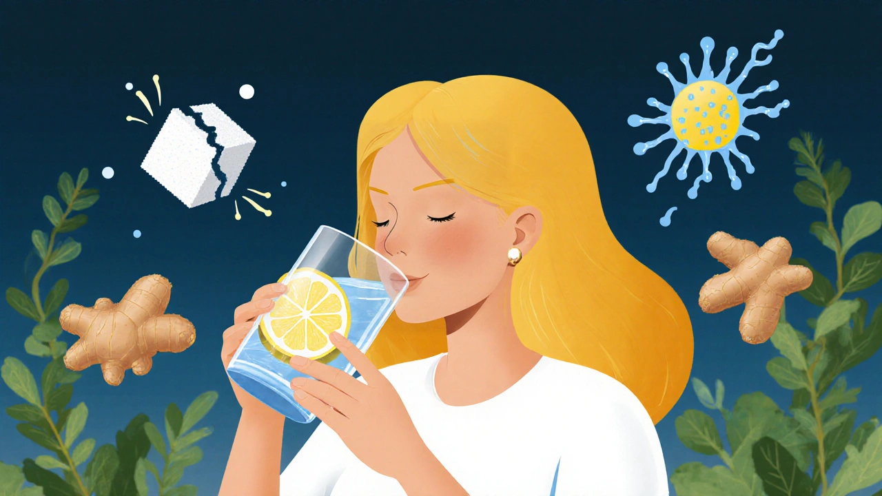 Žena pije vodu s citrónem a zázvorem, kolem ní symboly zdravé mikroflóry a odstupující kvasinky.