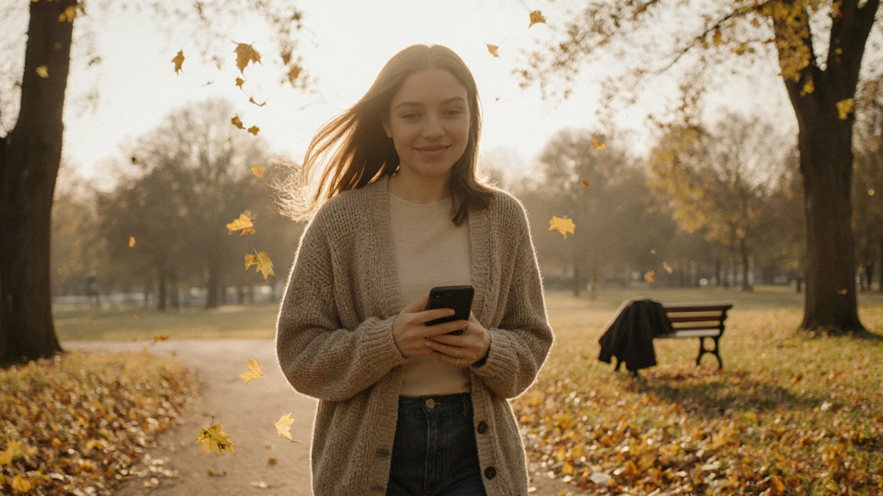 Žena pomalu prochází parkem v podzimním světle, ruce jemně položené na břiše.