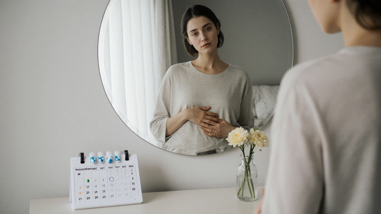 Žena se dívá do zrcadla a jemně se dotýká břicha, v pozadí léky a kalendář.