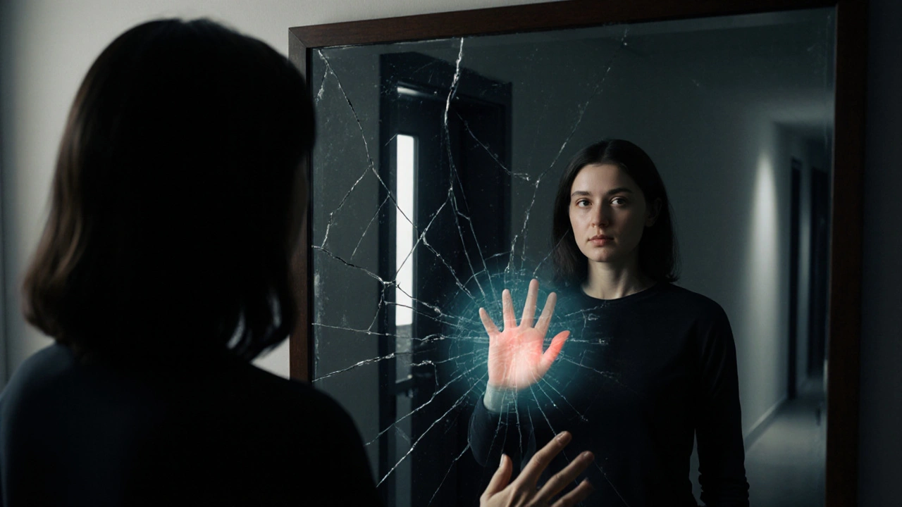 Žena se dívá do zrcadla, kde v odrazu vidí nádor v břiše, zatímco ona sama hledí ven.