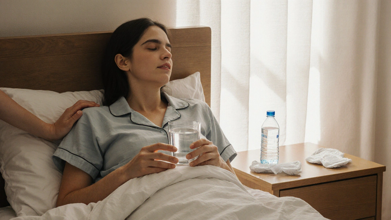 Žena se zotavuje doma s vodou a čistými podložkami na posteli.