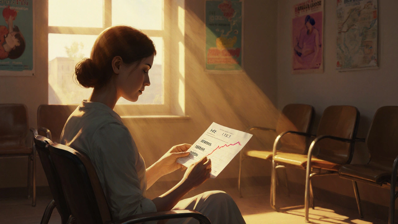 Žena sedí v čekárně kliniky s výsledkem krevního testu.