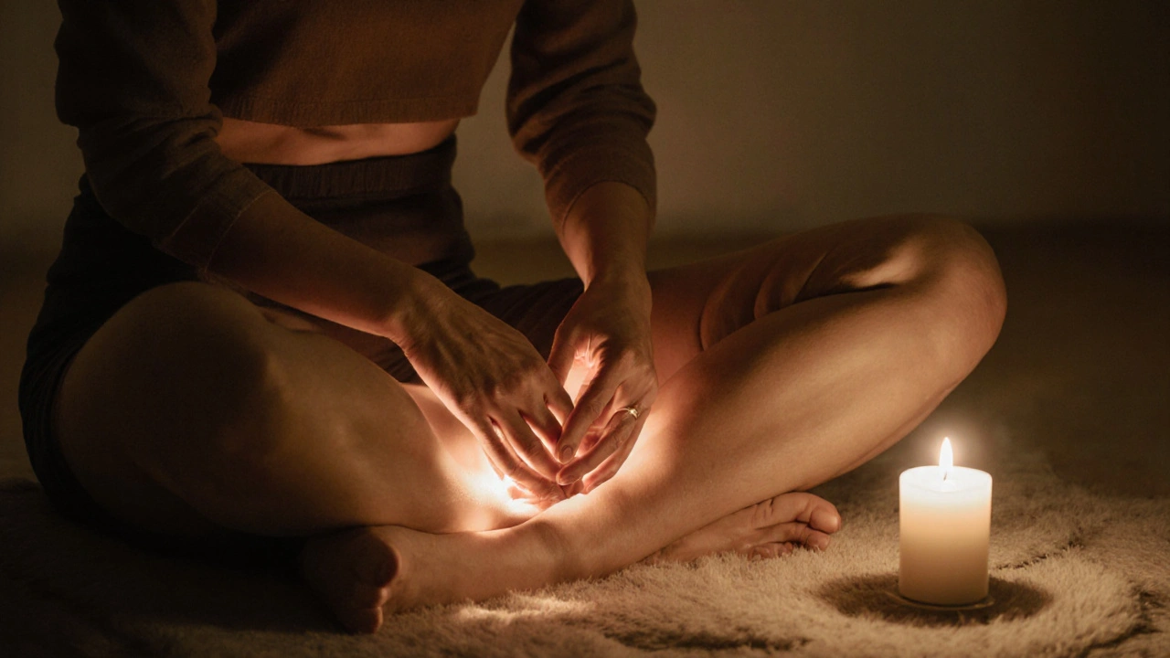 Žena sedí v meditaci, ruce na břiše, osvětlená svíčkou v klidném prostředí.