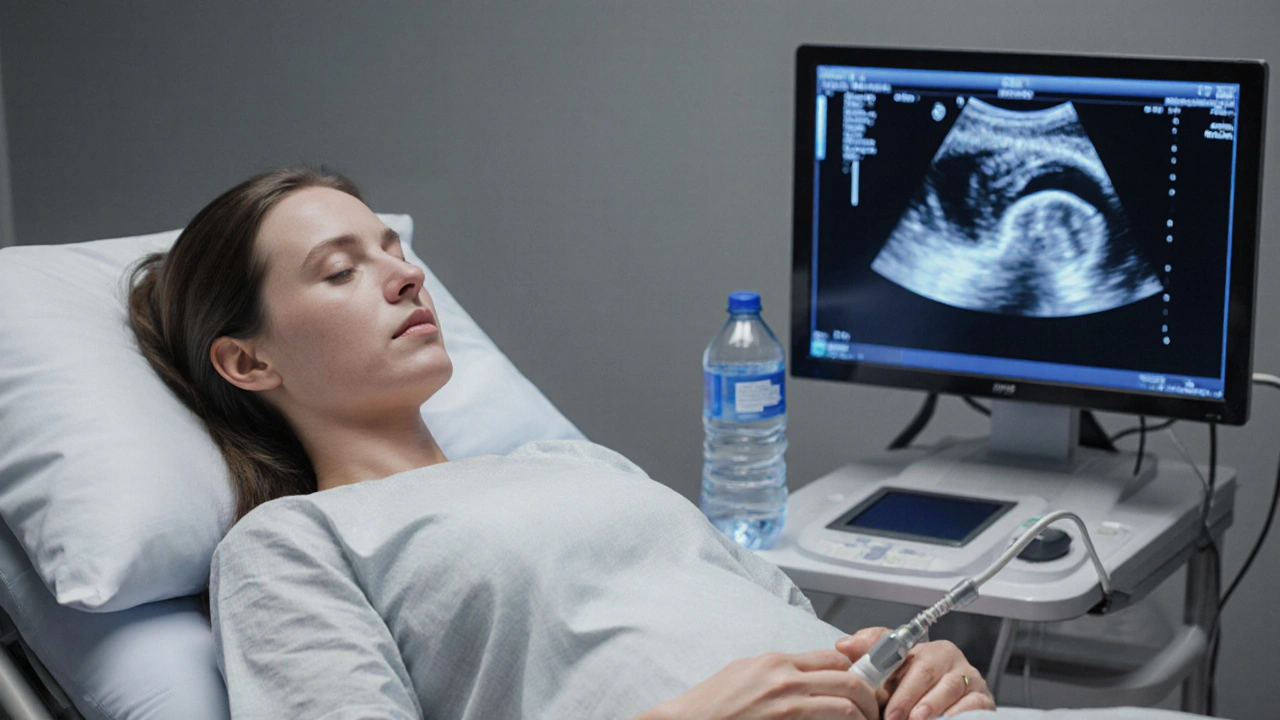 Žena si nechává dělat ultrazvuk břicha, voda na stole a obraz na monitoru naznačují bezbolestné vyšetření.