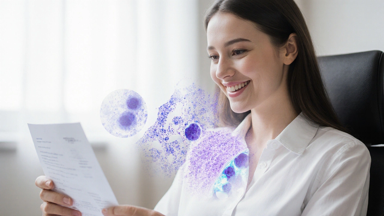 Žena sleduje laboratorní výsledek v gynekologické ordinaci.