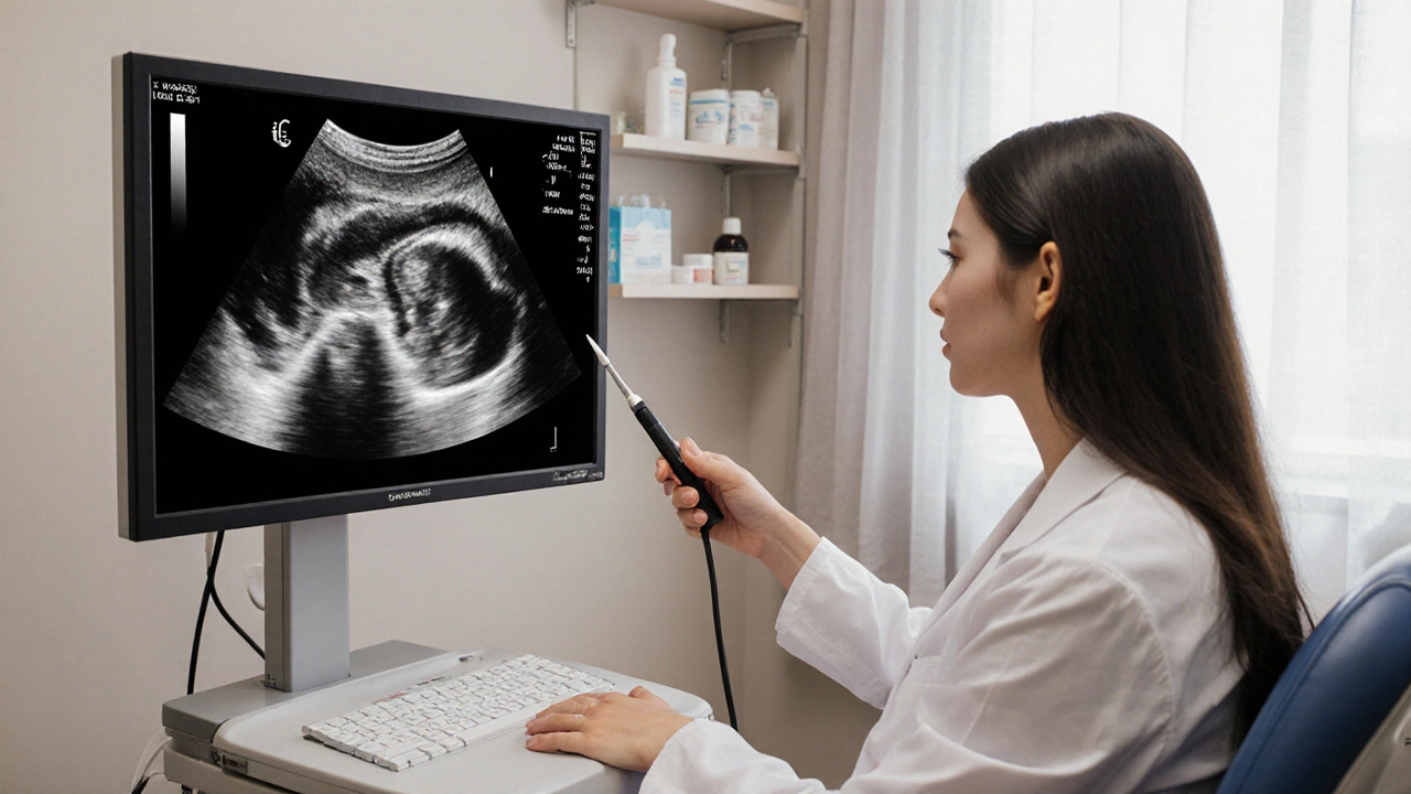 Žena sleduje ultrazvukový obraz na monitoru, lékařka provádí transvaginální vyšetření.