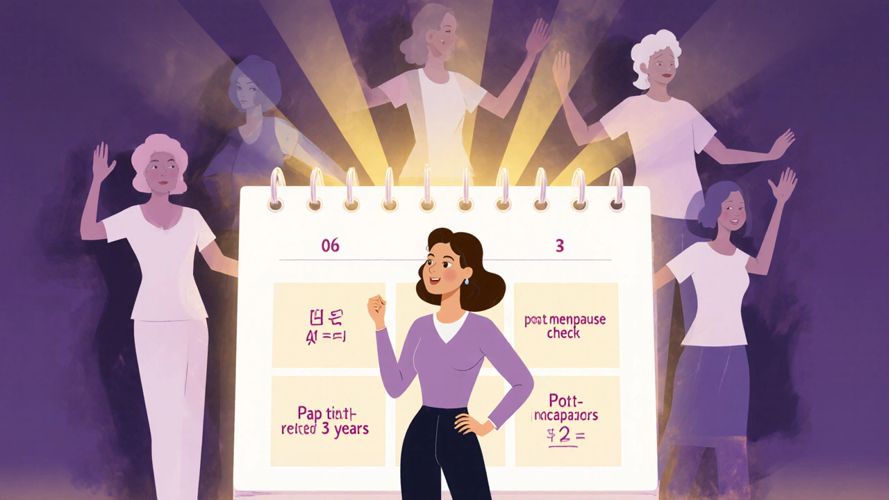 Žena stojí před kalendářem s důležitými daty gynekologických prohlídek, symbolizující péči o zdraví.