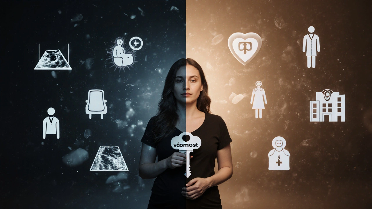 Žena stojí před oddělením placených a zdarma služeb, drží klíč znalosti.