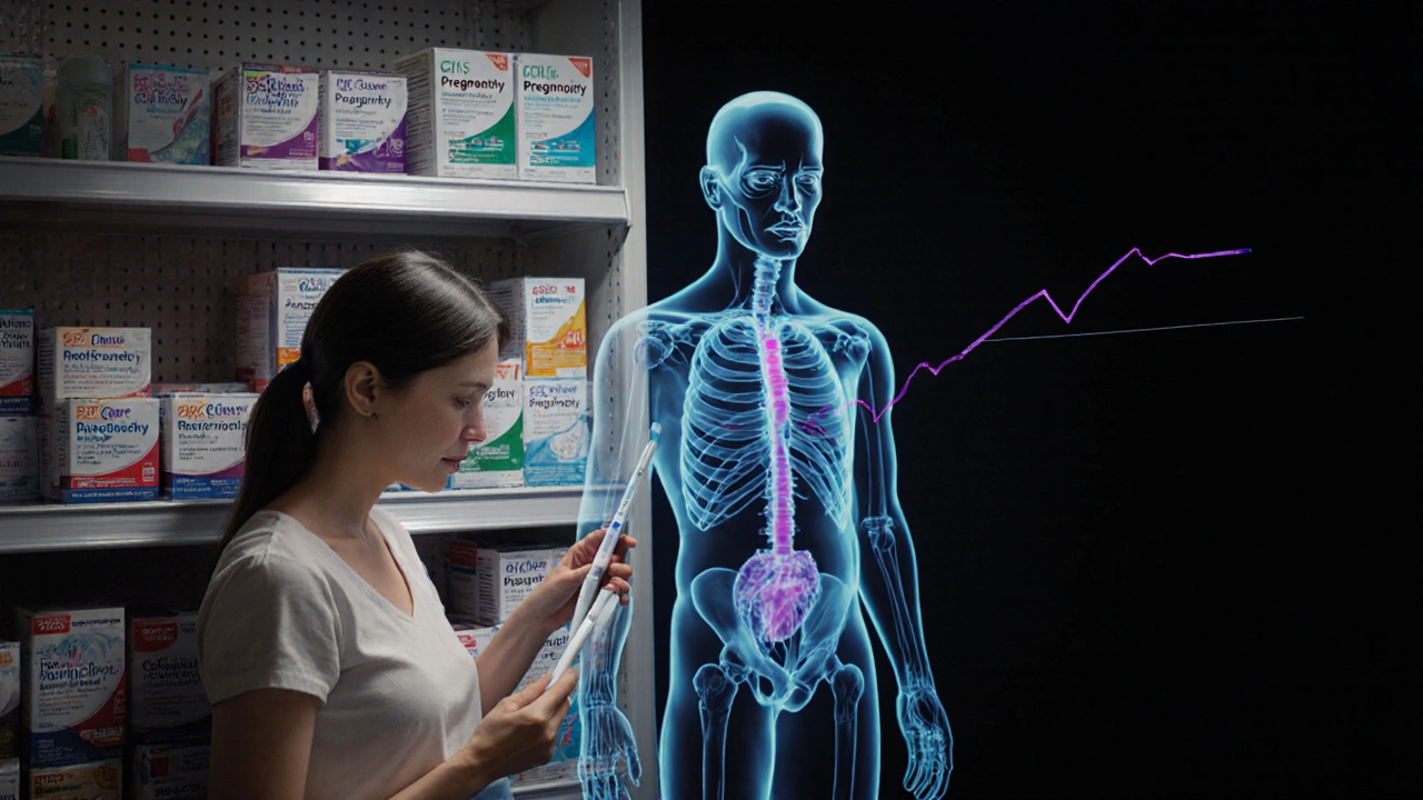 Žena u police s těhotenskými testy, schematický náčrt hormonálních změn v pozadí.