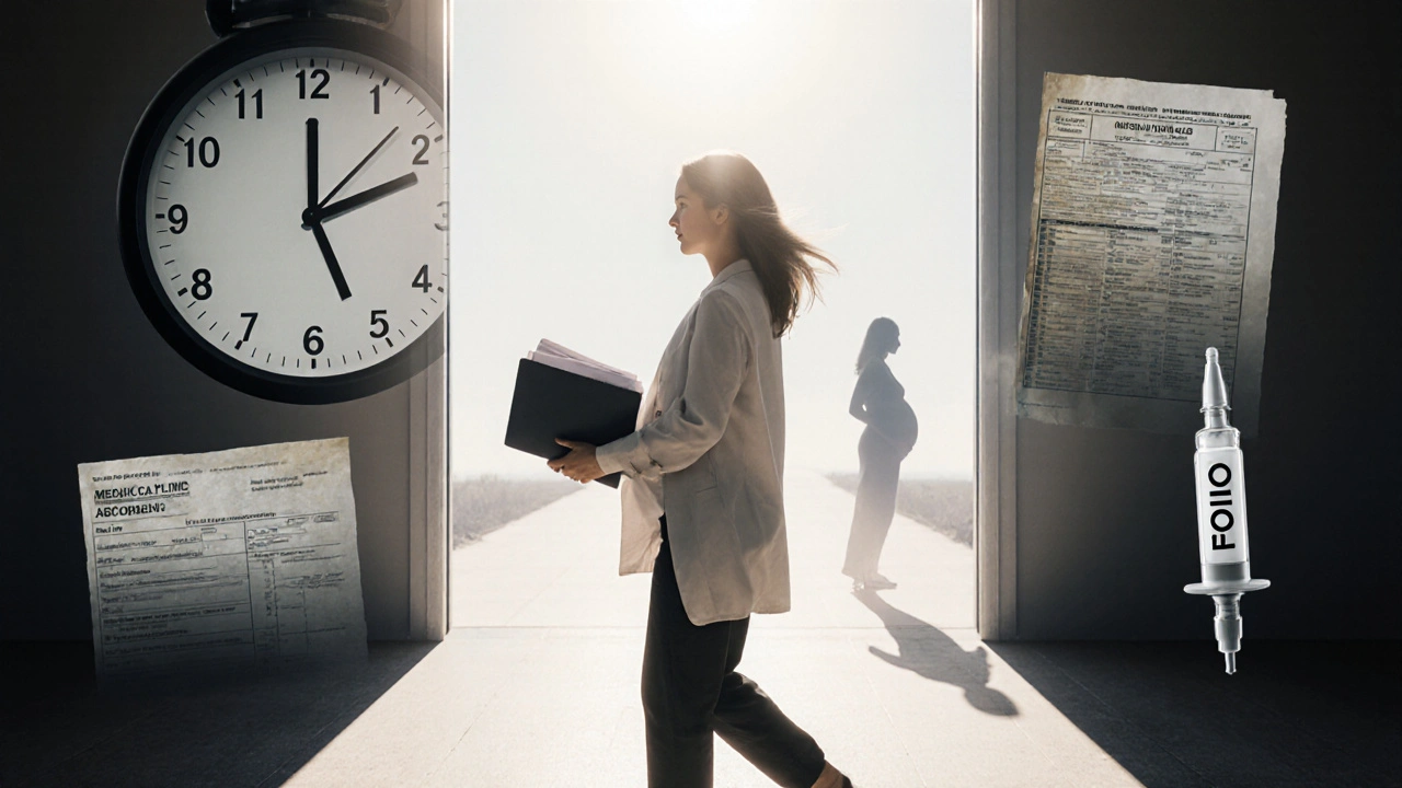 Žena vstupující do kliniky v 14. týdnu, s vizuálními znaky ztracených příležitostí v pozadí.