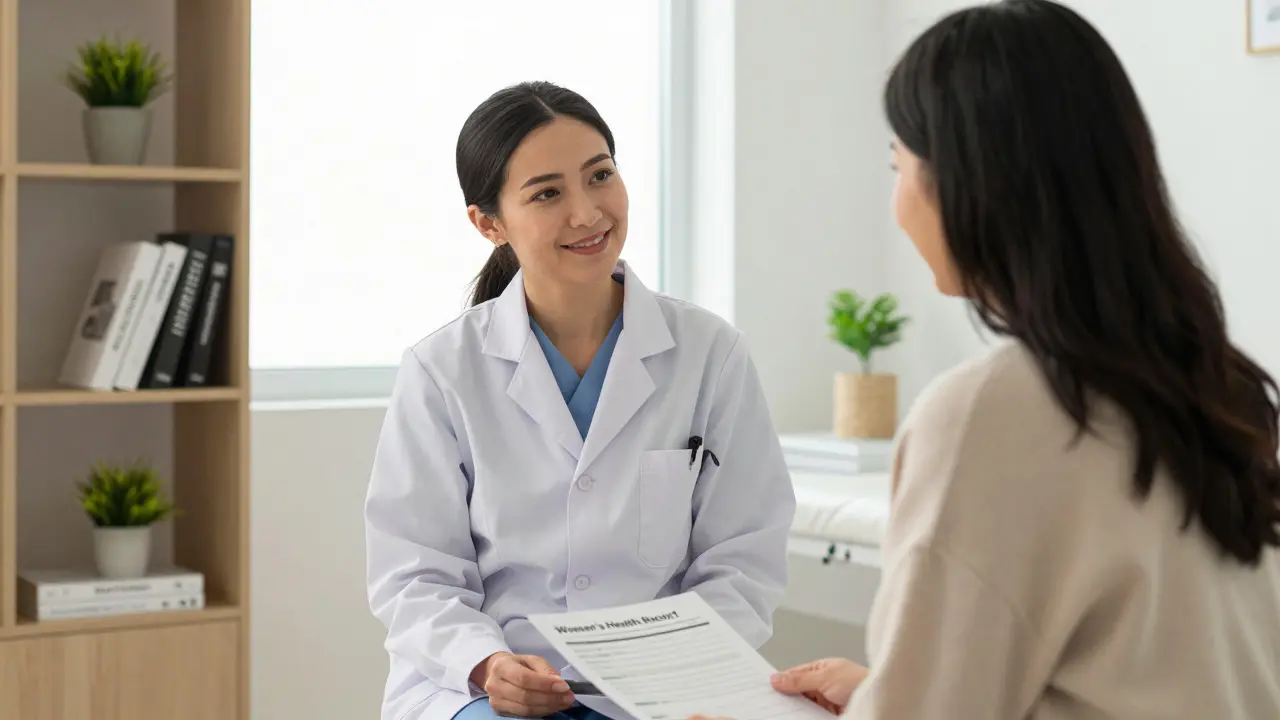 A gynecologist and patient sharing a trusting moment in a calm private office.
