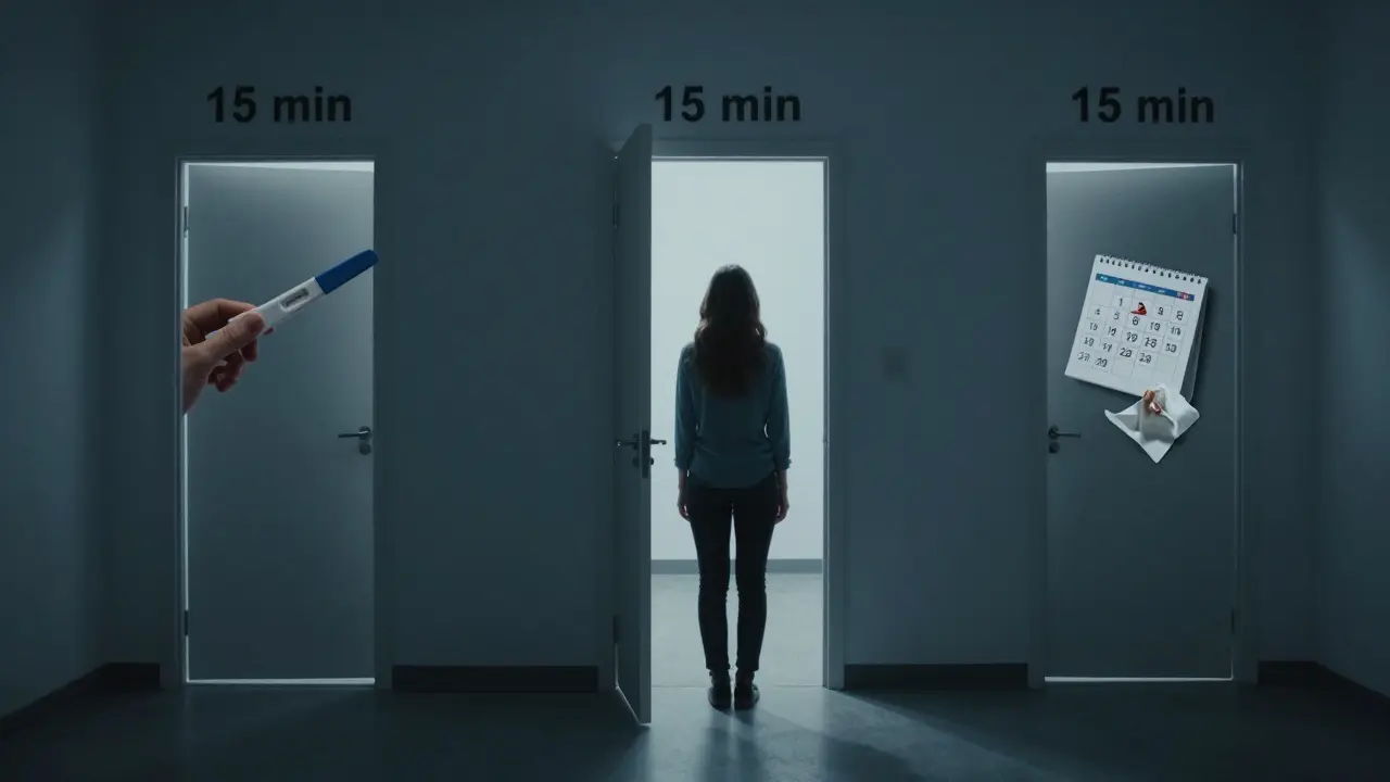 A woman in a hallway with doors labeled '15 min', symbolizing limited consultation time.