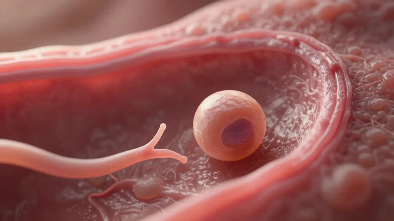 Blastocysta se přilnout k stěně dělohy, s jemnými výrůstky a krevními cévami kolem.