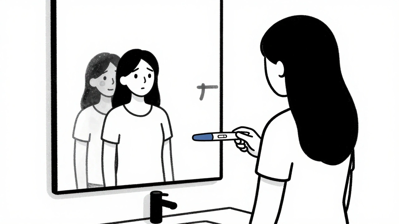 Černobílá silueta ženy s těhotenským testem, ve zrcadle se objevuje dvojitý odraz.