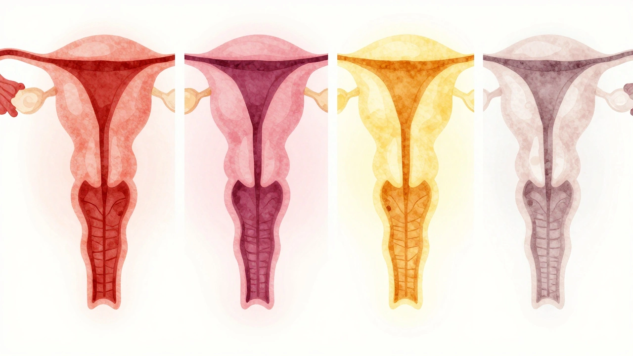 Čtyři panely ukazují postupnou změnu barvy lochie od červené přes růžovou až po žlutou.