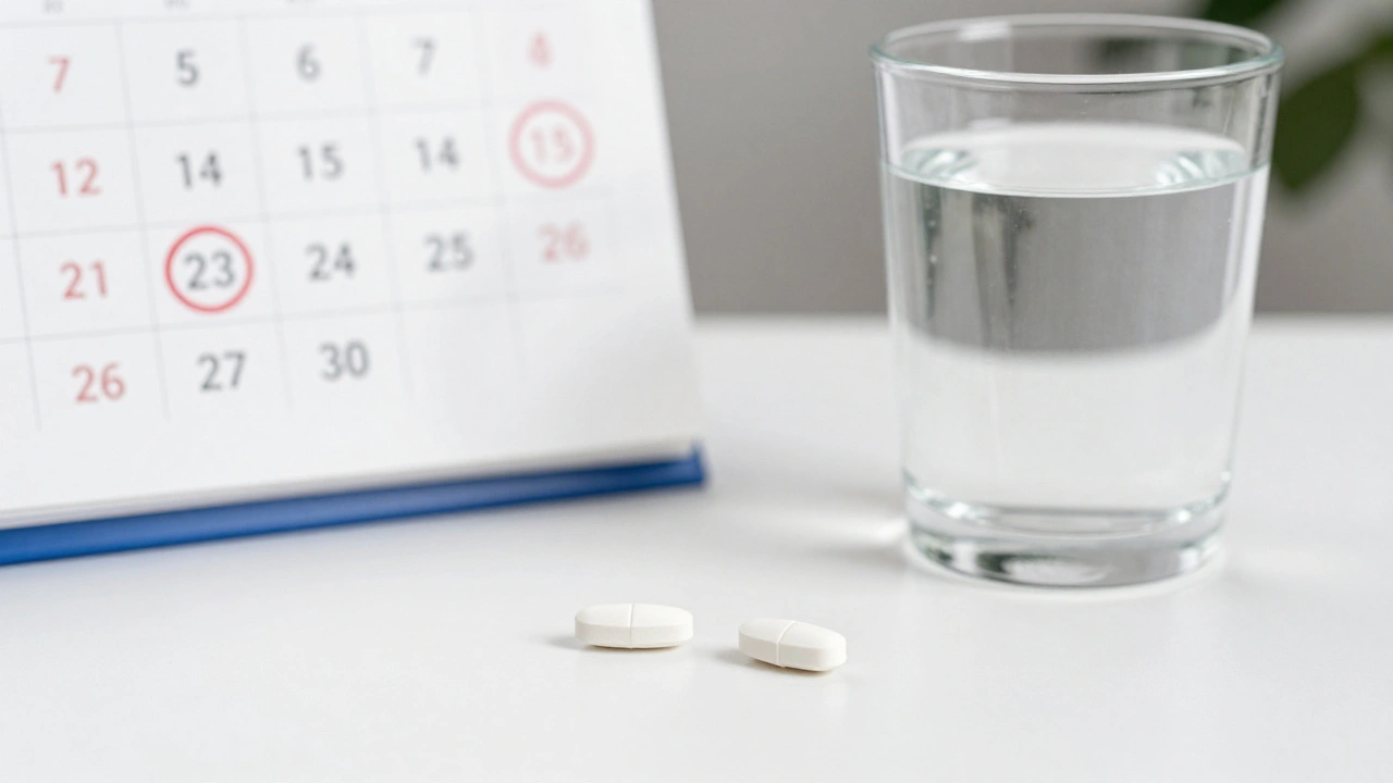 Dva léky a sklenice vody na stole s označenými dny procesu potratu.