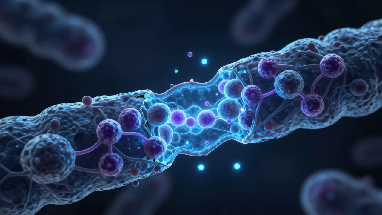 Houby Candida albicans se rozpadají pod účinkem antifungálních molekul.