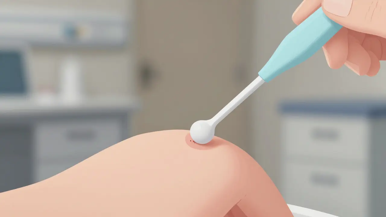 Jemný vzorek buněk se sbírá z děložního čípku během Pap testu.