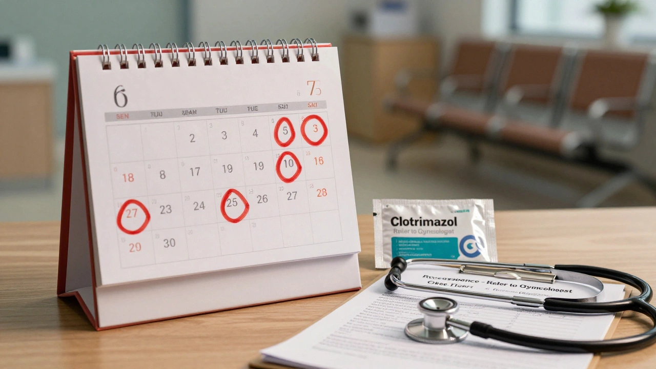 Kalendář s 7 dny a prázdný balíček clotrimazolu vedle lékařského souboru.