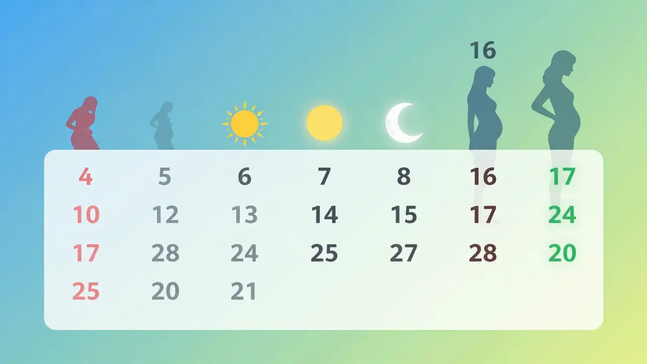 Kalendář ukazující postupné ustupování nevolnosti od 4. do 16. týdne těhotenství.