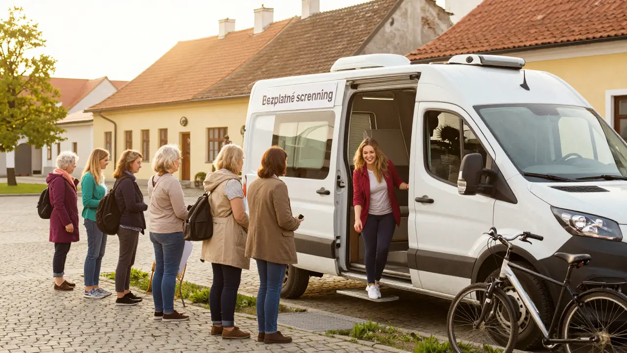 Mobilní jednotka pro bezplatný gynekologický screening ve městě v České republice.