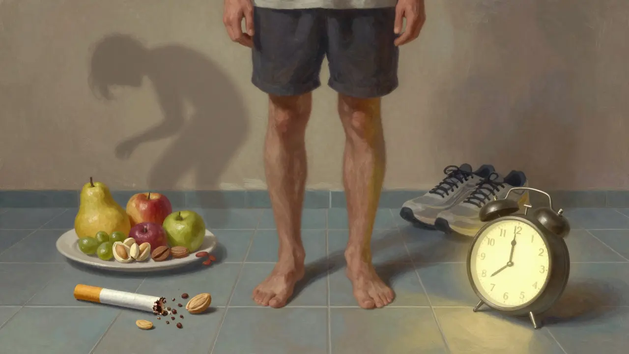 Muž symbolicky opouští špatné návyky a přijímá zdravý životní styl.