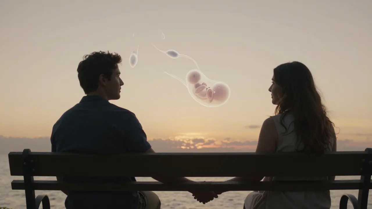 Pár sedí na lavičce při západu slunce, spojení plné naděje a klidu.