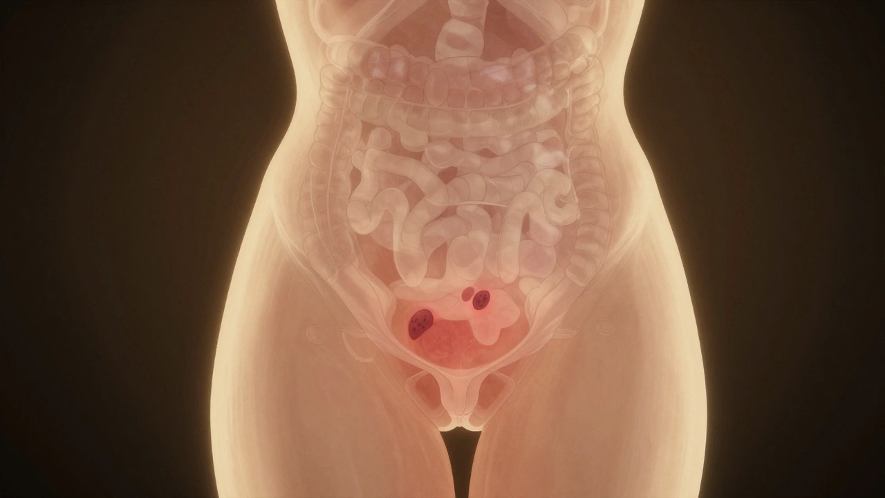 Přehled těla s skrytými nádory v pánvi, světlo označující neviditelné ohnisko.