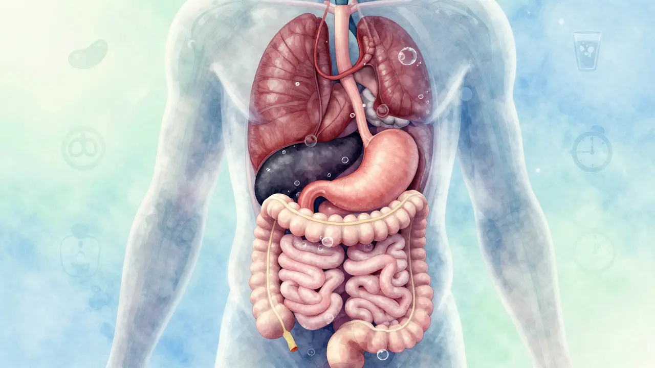 Průřez těla ukazující plyn v trávicím ústrojí a slabé břišní svaly.
