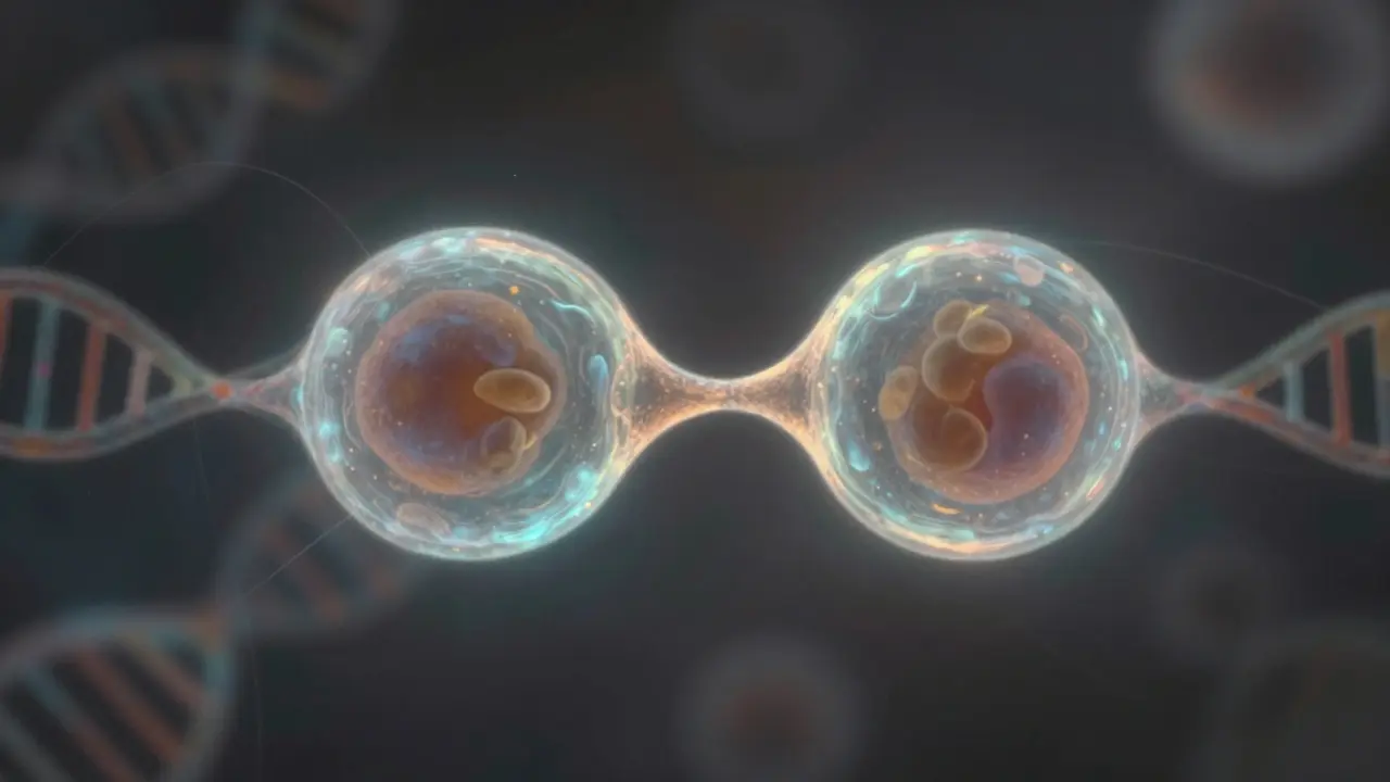 První dělení zygoty - malá buňka se rozděluje na dvě, v prostředí podobném tekutině.