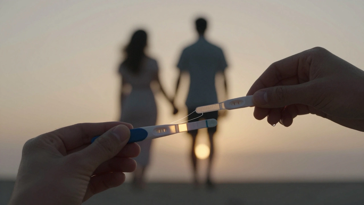 Ruce drží pozitivní test na ovulaci a kapku slizu, za nimi pár na západu slunce.