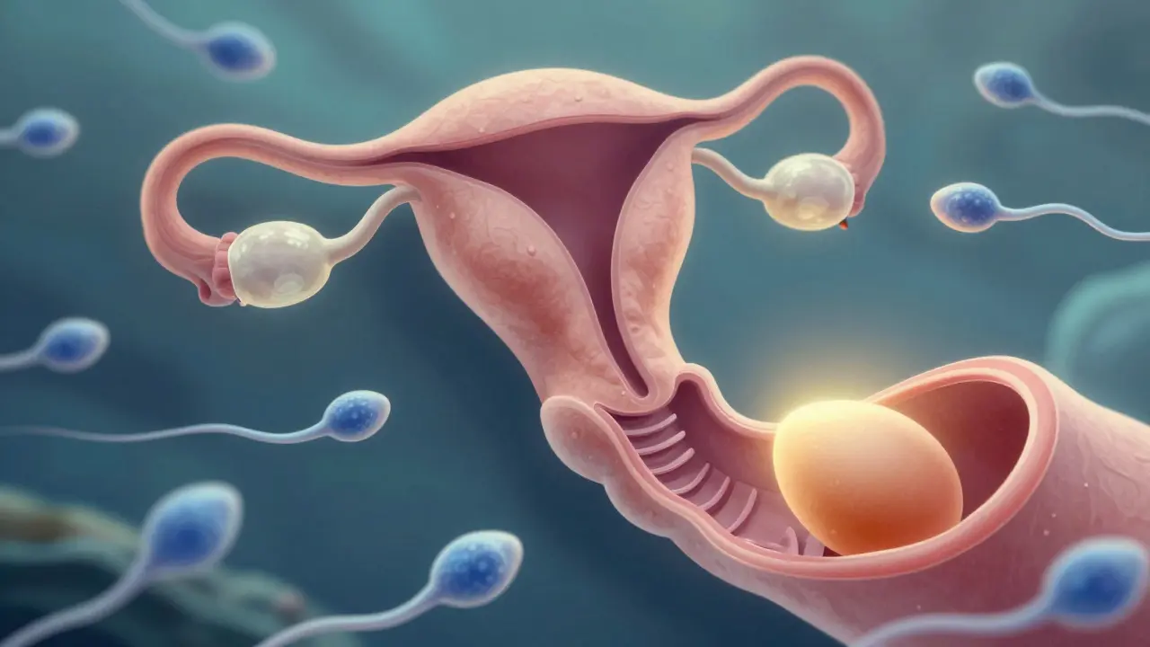 Stylizovaný vnitřní pohled na cestu spermie k vajíčku v ženském těle, s jemným zlatým zářením.