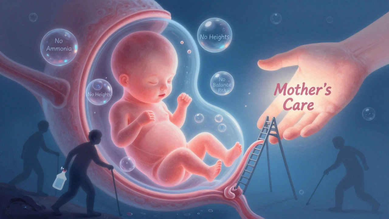 Symbolický obraz těhotenství s ochrannými bublinami a odstraněnými nebezpečnými prvky jako chemikálie a žebřík.