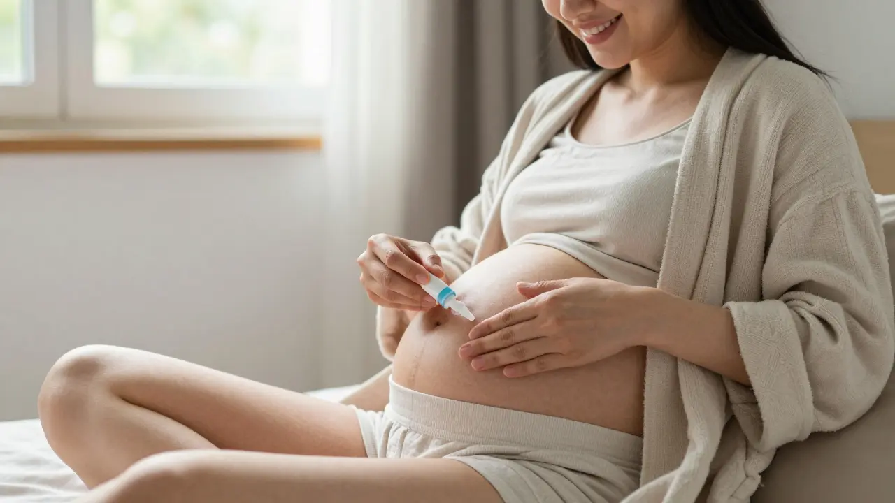 Těhotná žena aplikuje krém na vnější genitálie v klidném domácím prostředí.