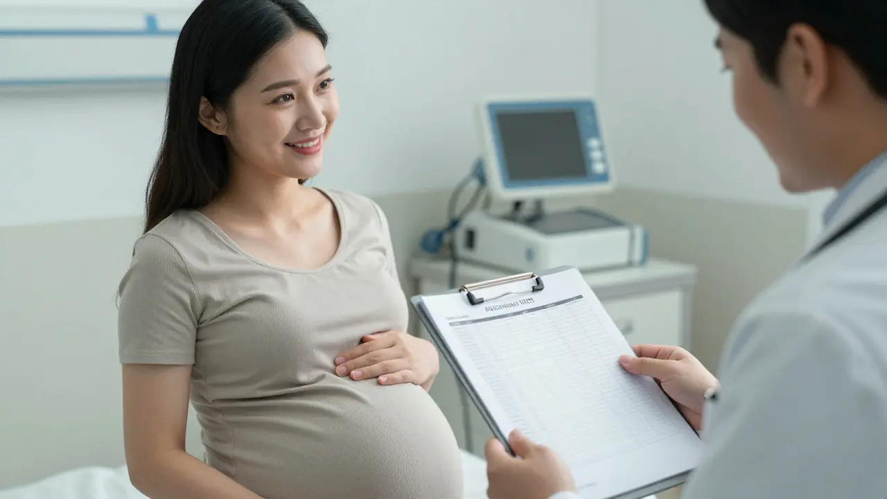 Těhotná žena navštěvuje lékaře pro pravidelnou prohlídku v klinice.