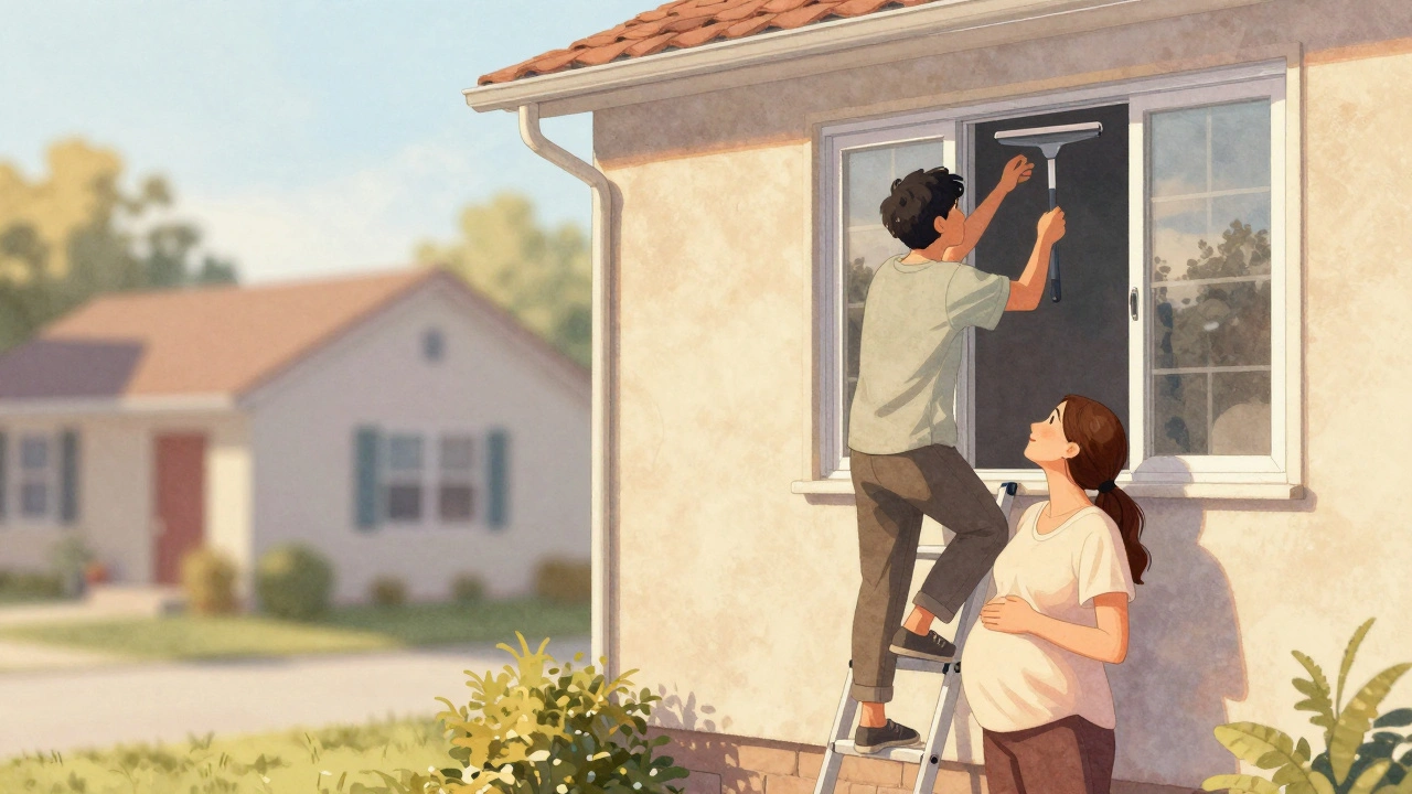 Těhotná žena pozoruje svého partnera, jak čistí okno z vnitřku na žebříku, zatímco ona stojí bezpečně venku.