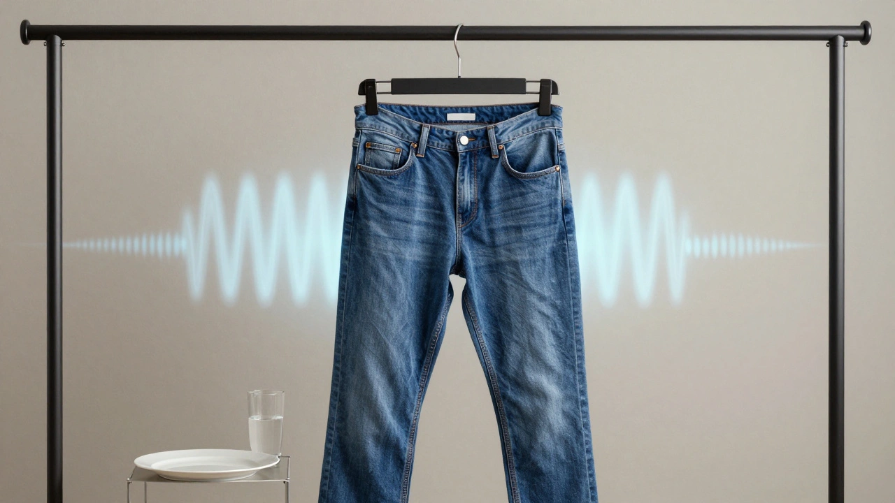 Těsné kalhoty vedle prázdného talíře, symbolizující nevysvětlitelné zvýšení obvodu břicha.