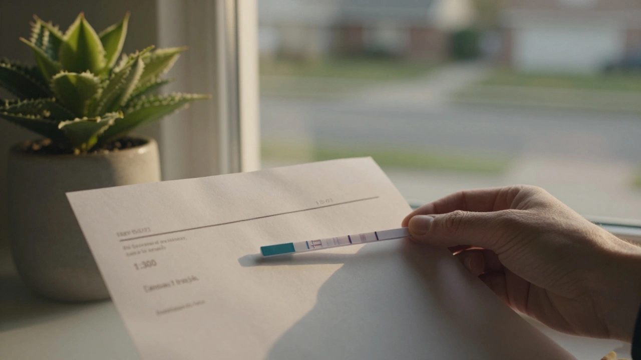 Tiskový výsledek triple testu na windowsill s rostlinou.