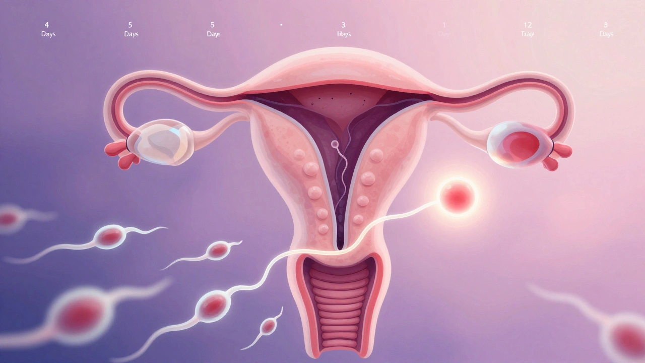 Umělecké znázornění spermie plující k vajíčku skrz průhledný sliz s časovou osou.