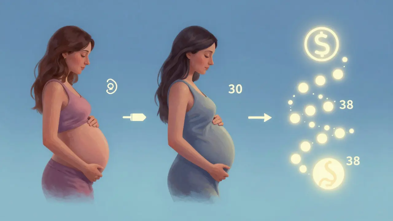 Vizualizace frekvence gynekologických návštěv během těhotenství podle týdnů.