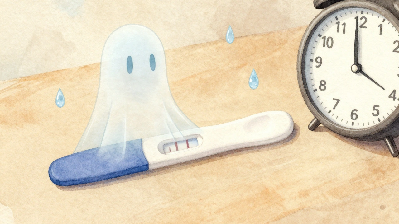 Vodní kresba s průhlednou, mizící čárou nad těhotenským testem a kapkami vodní páry.