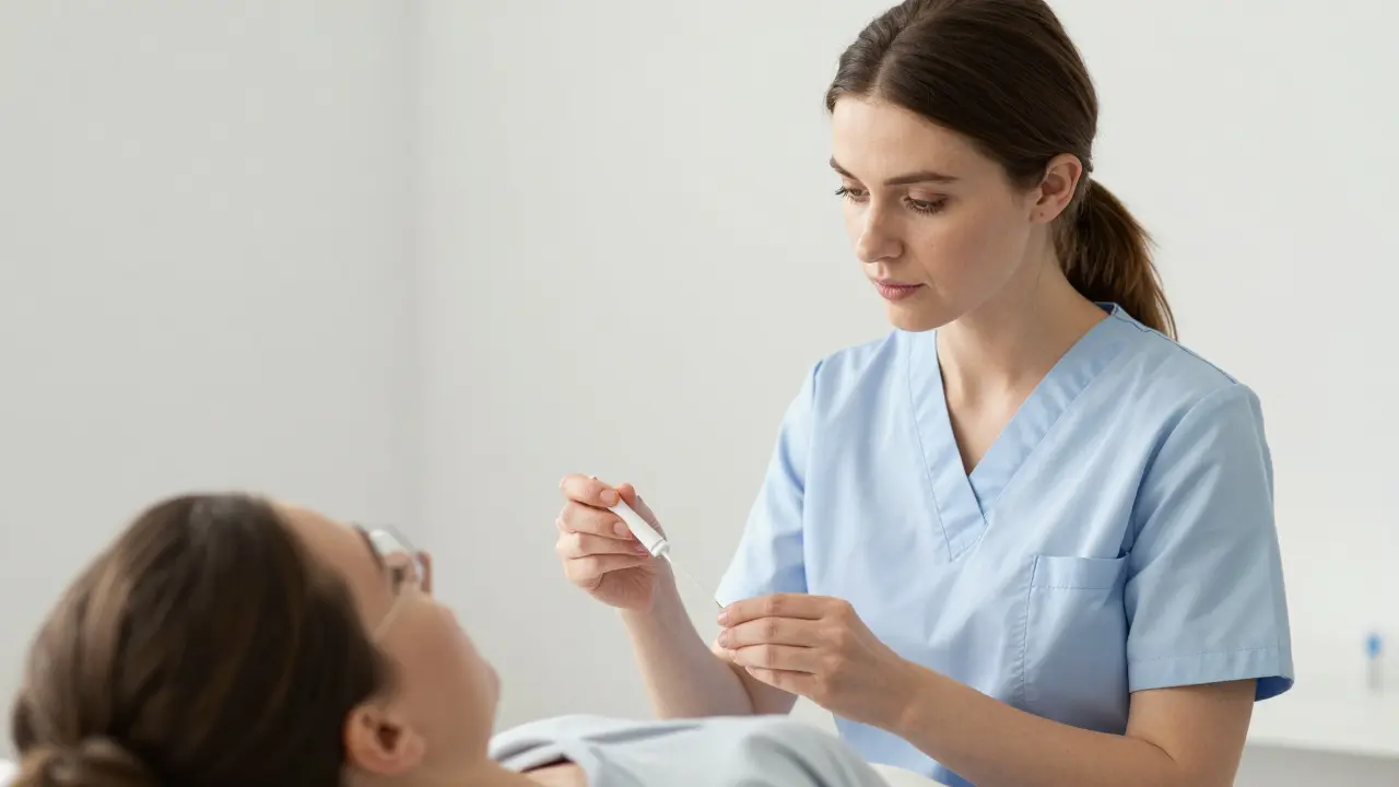 Zdravotní sestra provádí odběr vzorku na HPV u pacientky.