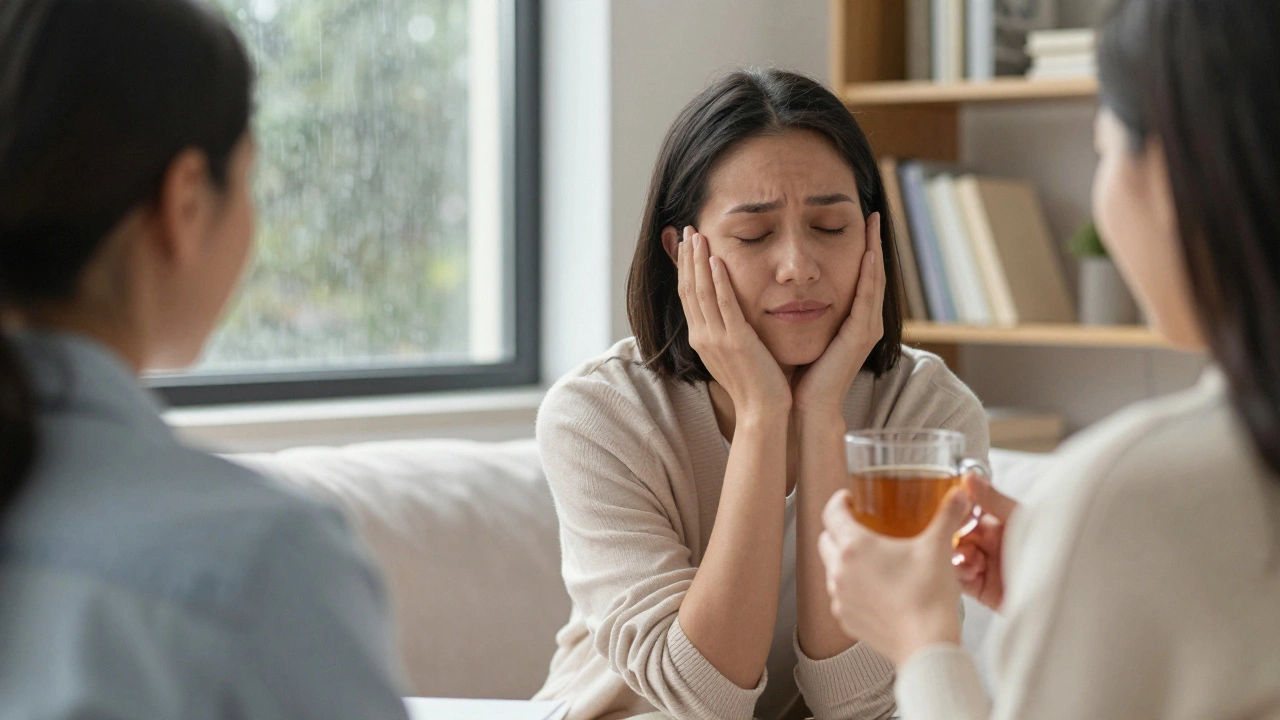 Žena se objímá s poradkyní v klidné místnosti s deštěm za oknem.