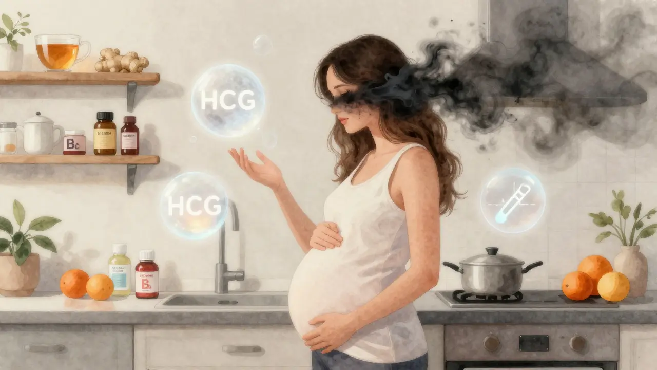 Žena v těhotenství v kuchyni, kolem ní plavou hormony a odporující pachy jako stíny.