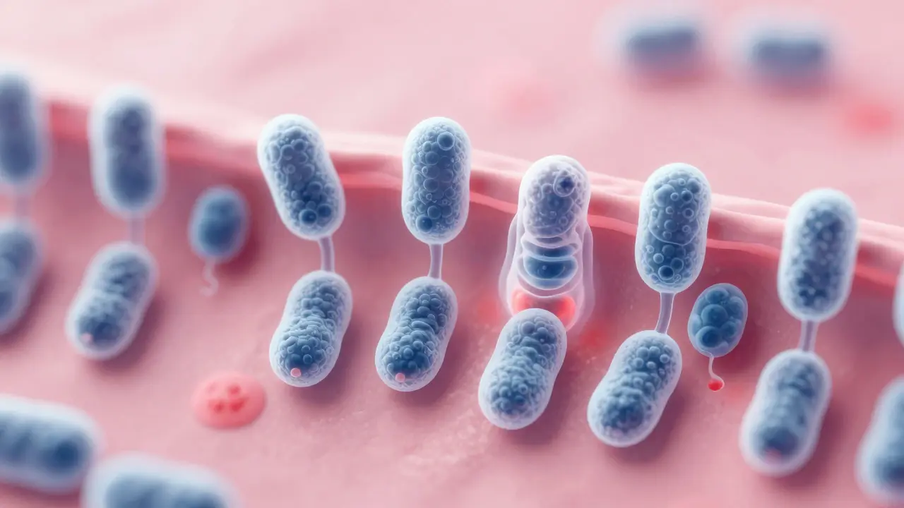 Abstraktní znázornění kvasinek Candida albicans rozmnožujících se v pochvě.